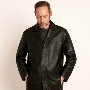 BRANDINI Black Leather Blazer Jacket XL Mens Lambskin Button Front Coat Soft‎